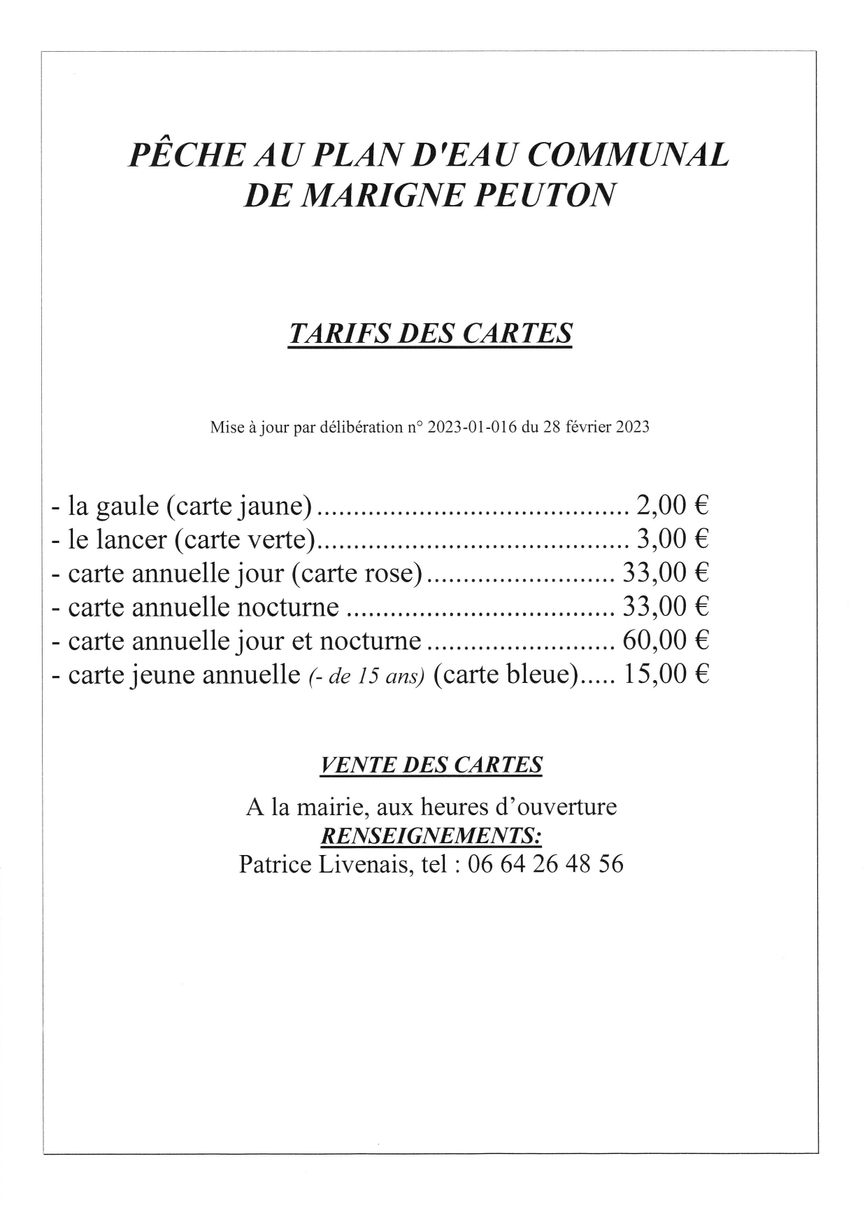 Tarifs 2023