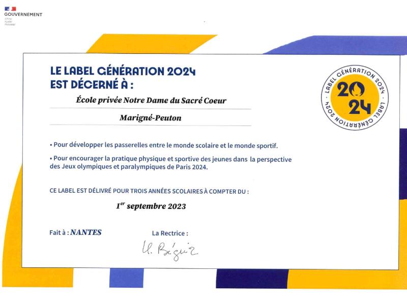 Labellisation de l'école Notre Dame site de Marigné-Peuton